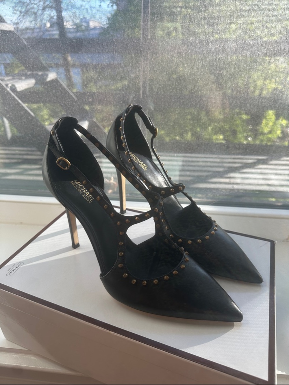 MICHAEL Michael Kors Black Leather Studded T-Strap Heels